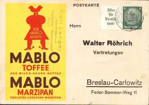 [Werbepostkarte] O-0078, Geschäftskarte, Werbung für Mablo Marzipan der Firma Schwartau von der Vertretung in Breslau Carlowitz. 