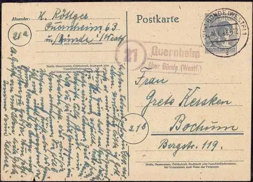 O-0080, Ganzsache mit Posthilfsstellenstempel Quernheim über Bünde von 1948