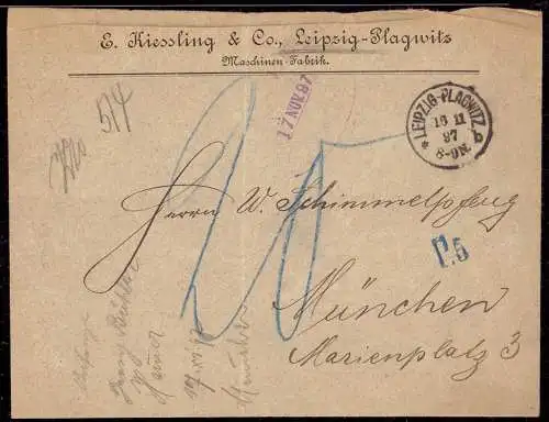O-0081, Geschäftsbrief mit rückseitiger Reklamemarke der Maschinenfabrik E. Kiessling & Co. in Leipzig Plagwitz, Nachporto