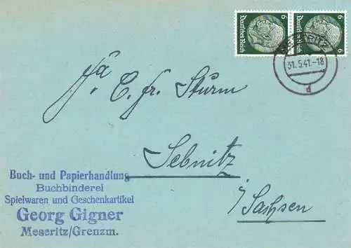 O-0082, Meseritz, Międzyrzeczm Neumark, Geschäftsbrief der Buchbinderei Georg Gigner von 1941