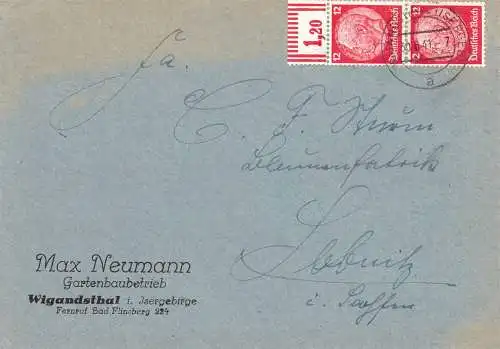 [Ansichtskarte] O-0083, Schlesien Geschäftsbrief des Gartenbaubetrieb Neumann aus Wigandsthal bei Bad Flinsberg Kreis Lauban. 