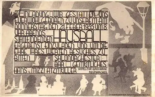 [Echtfotokarte schwarz/weiß] O-0085, Einladung zum Hausball der Familie Atzmüller, ein seltenes Fotogramm des Lichtbildwerk E. Baumann in Neunkirchen (Niederösterreich). 