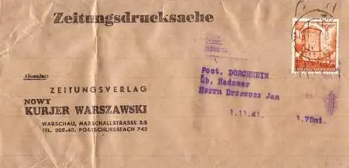 O-0087, seltenes Zeitungs Streifband des Nowy Kurjer Warszawski nach Dorchheim über Hadamar