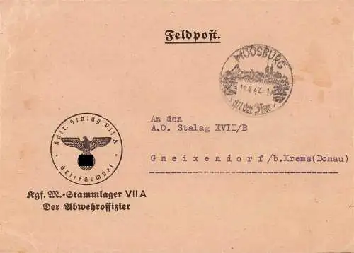 O-0090, Feldpost Dienstbrief des Abwehroffizier bei der Kommandantur des Stalag VII A in Moosburg, Kriegsgefangene, POW