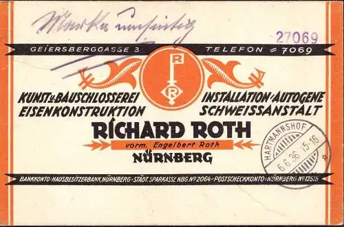 [Ansichtskarte] O-0094, dekorative Geschäftskarte der Kunst und Bauschlosserei Richard Roth in der Geiersberggasse in Nürnberg. 