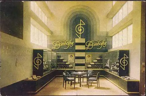 [Echtfotokarte farbig] O-0095, Werbung, Stand der Bombastus Werke, Mundwasser und Zahnpasta, aus Freital - Zauckerode auf der Hygiene Ausstellung 1930 in Dresden. Foto Dresdner Farbenfotografische Werkstätte A. P. Walther. 