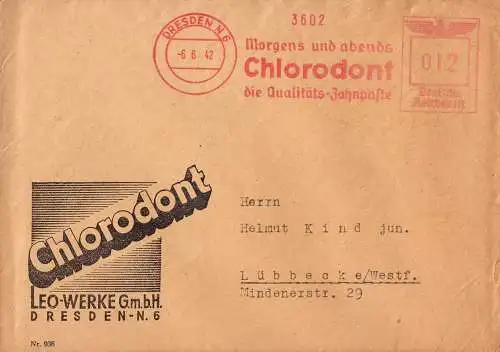 O-0097, Chlorodont Sammelbilder, Dresden Leo Werke 1942, Brief mit Mitteilung über kriegsbedingte Einstellung der Lieferung, Werbung