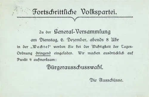 [Ansichtskarte] O-0098, Eine National - Liberale Korrespondenz von 5 Ganzsachen aus Ebingen mit Zudruck u. a. Einladung der Fortschrittlichen Volkspartei zur General Versammlung, aus den Jahren von 1907 - 1910. 