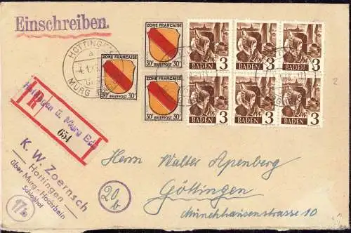 O-0099, dekorativer Brief, 1948, per Einschreiben aus Hottingen über Murg Hochrhein Baden