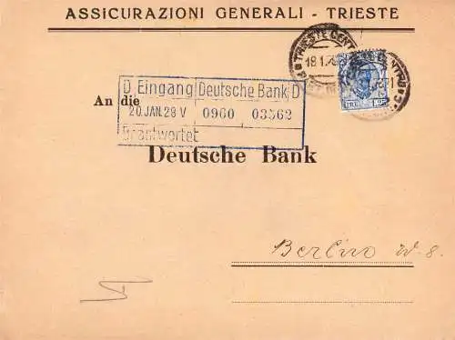O-0102, Perfin Firmenlochung auf Brief der Assicurazioni Generali in Triest, Italien