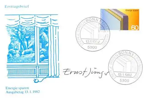 O-0104, Energie sparen, Unterschrift des Entwerfers der Marke, Ernst Jünger, auf Ersttagsbrief