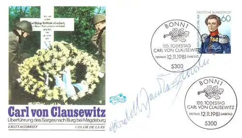 O-0105, Clausewitz, Unterschrift des Entwerfers der Marke, Ernst Jünger, auf Ersttagsbrief, Napoleon