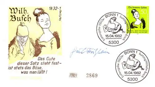 O-0107, Wilhelm Busch, Unterschrift des Entwerfers der Marke, Froitzheim, auf Ersttagsbrief, Literatur