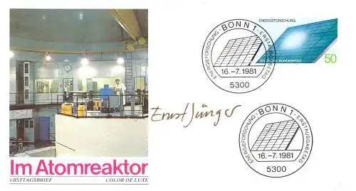 O-0110, Energie, Unterschrift des Entwerfers der Marke, Ernst Jünger, auf Ersttagsbrief, Solar, Atom