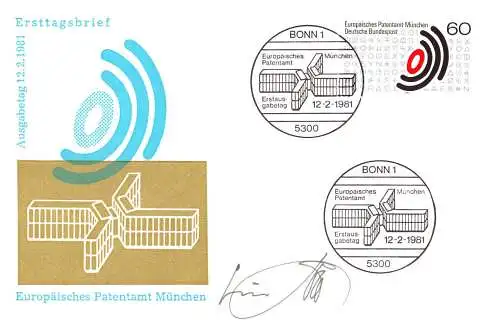 O-0111, Europäisches Patentamt, Unterschrift des Entwerfers der Marke, Poelli, auf Ersttagsbrief, Physik, Naturwissenschaft