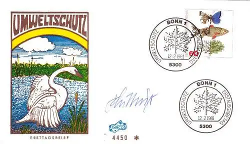 O-0112, Umweltschutz, Unterschrift des Entwerfers der Marke, Schillinger, auf Ersttagsbrief, Umwelt, Naturschutz