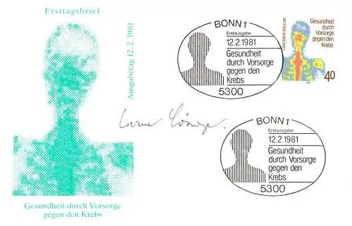 O-0113, Medizin, Krebs, Unterschrift des Entwerfers der Marke, Schillinger, auf Ersttagsbrief