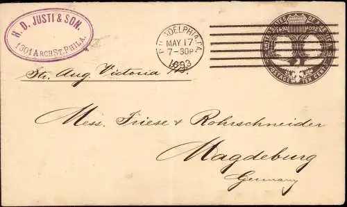 O-0116, Die seltene 10 Cents USA Ganzsache zur World’s Columbian Exposition 1893 von Philadelphia nah Magdeburg