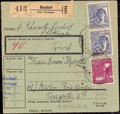 O-0135 seltene Paketkarte aus Rosdorf über Göttingen Heimatbeleg 