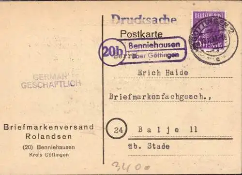 O-0141, Göttingen Heimatbeleg von der Posthilfsstelle Benniehausen
