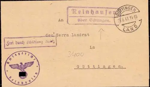 O-0143, Reinhausen über Göttingen Posthilfsstelle Dienstbrief Frei durch Ablösung