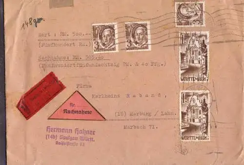 O-0152, Französische Zone, seltener Wertbrief per Nachnahme aus Saulgau nach Marburg