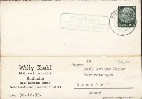 O-0166,Geschäftskarte der Möbelfabrik Kiehl mit Posthilfsstellenstempel Sudheim über Northeim Heimatbeleg 