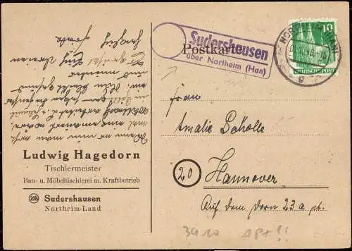 O-0168, aptierte Postleitzahl (PLZ) , Karte mit Posthilfsstellenstempel Sudershausen über Northeim Heimatbeleg 