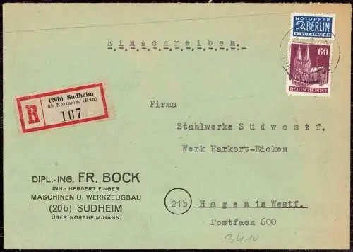 O-0169,  Geschäftsbrief der Firma Bock per Einschreiben aus Sudheim über Northeim Heimatbeleg 