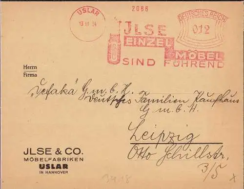 O-0179, Geschäftsbrief mit Freistempel der Möbelfabrik Ilse Möbel aus Uslar Heimatbeleg 