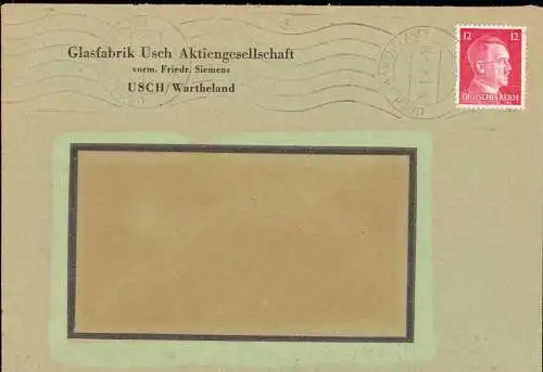 O 0187, Wartheland, Westpreussen, Geschäftsbrief der Glasfabrik in Usch Kreis Kosten mit Handrollstempel