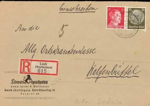 O 0188, Wartheland, Westpreussen, Geschäftsbrief per Einschreiben der der Löwen Apotheke in Lask. Judaica, die Apotheke hat einen von den deutschen Besetzern eingesetzten kommissarischen Leiter.