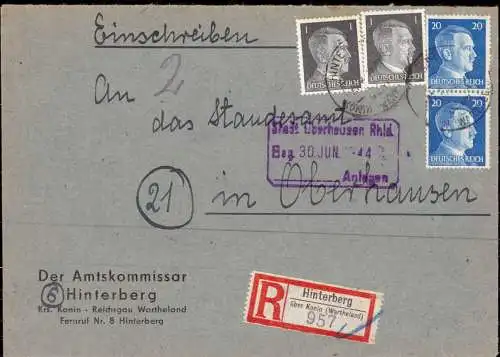 O 0189, Wartheland, Westpreussen, Geschäftsbrief per Einschreiben des Amtskommissar in Hinterberg Kreis Konin