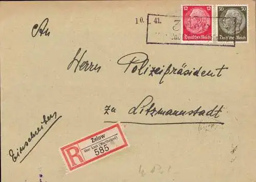 O 0190, Wartheland, Westpreussen, Einschreiben aus Zelow Kreis Lask mit Notstempel