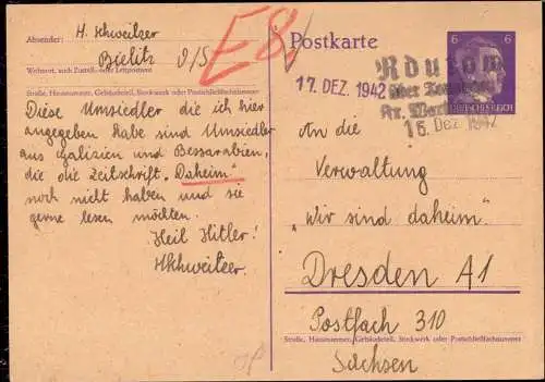 O 0192, Wartheland, Westpreussen, Ganzsache aus Rdutow über Tonningen mit Notstempel