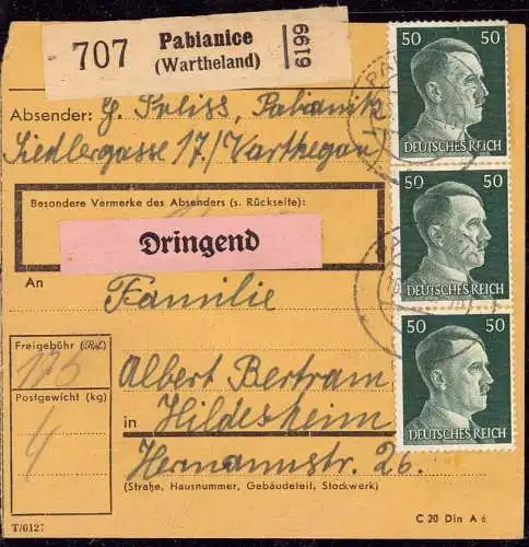 O 0193, Wartheland, Westpreussen, Paketkarte aus Pabianice Kreis Lodz