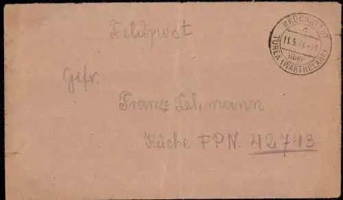 O 0195, Wartheland, Westpreussen, Feldpostbrief aus Brückstadt, Uniejów über Turek