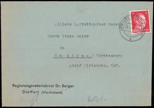 O 0196, Wartheland, Westpreussen, Brief aus Dietfurt Kreis Znin, Veterinärmedizin