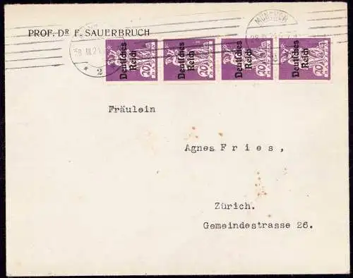 600097 | Medizin, Chirugie, Briefumschlag des berühmten Prof. Dr. F. Sauerbruch | München (W 8000), Zürich, Schweiz