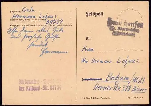 600099 | Feldpostkarte, FP Nr. 08759, mit Notstempel Zwischensee Kreis Wartbrücken, Kolo, Polen |