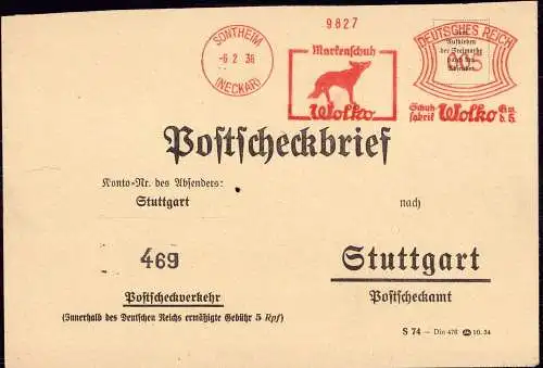 600102 | Postscheckbrief mit Freistempel der Firma Wolko & Co, Sontheim, Wolf  | Sontheim (W - 7927), -,