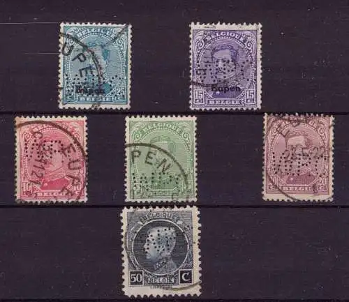 600112 | Eupen, Zusammenstellung von  6 Marken mit Firmenlochung / Perfin | Eupen (B 4700 Belgien)