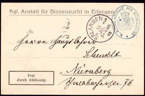 600113 | Dienstpostkarte der Anstalt für Bienenzucht  | Erlangen (W - 8520), -,