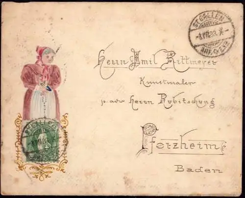 600115 | Trachten, bemalter Brief der Schweizer Malerin Elly Studer-Bernet an Ihren Lehrer Emil Rittmeyer | St. Gallen