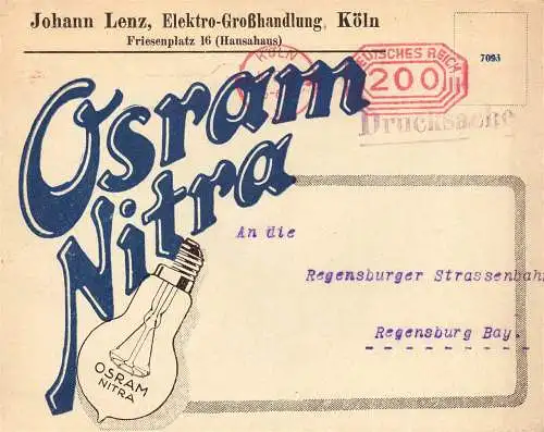 600119 | Firmenwerbung, Drucksache, dekorativer Brief der Firma Osram mit Freistempel, Inflation  | Köln (W - 5000), -,