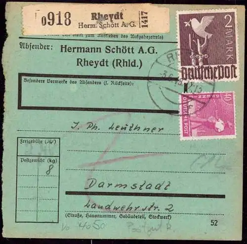 600127 | Paketkarte frankiert mit 2 Mark Taube, mit Aufdruck der Druckerei Hermann Schött AG | Mönchengladbach , Rheydt