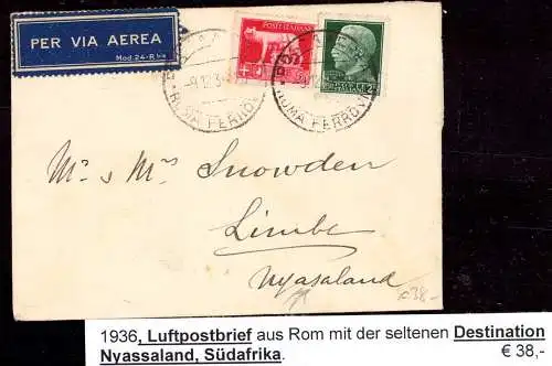 600129 | Luftpostbrief 1936, aus Rom nach Nyassaland  | Rom, Limbe,
