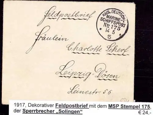 600130 | MSP, sauberer Feldostbrief der Marineschiffspost Nr. 175, Sperrbrecher Solingen  | -, -,