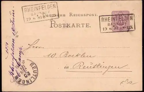 600135 | Ganzsache 1881, aus Rheinfelden, Bahnhof in Baden nach Reutlingen | Rheinfelden (W 7888)