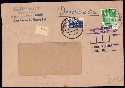 600139 | Notopfer " Retour Steuermarke fehlt" teilweise abgerissener Aufkleber auf Bief an Suchdienst München  | Neuburg